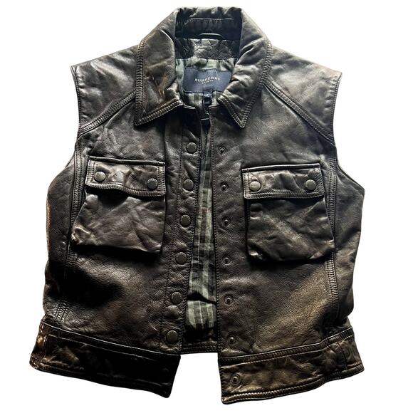 Burberry London Women’s Black 100% Italian Buffalo Leather Button-Up Vest Sz 6 - Picture 1 of 16